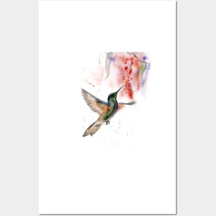 Watercolor Hummingbird with red flower Posters and Art